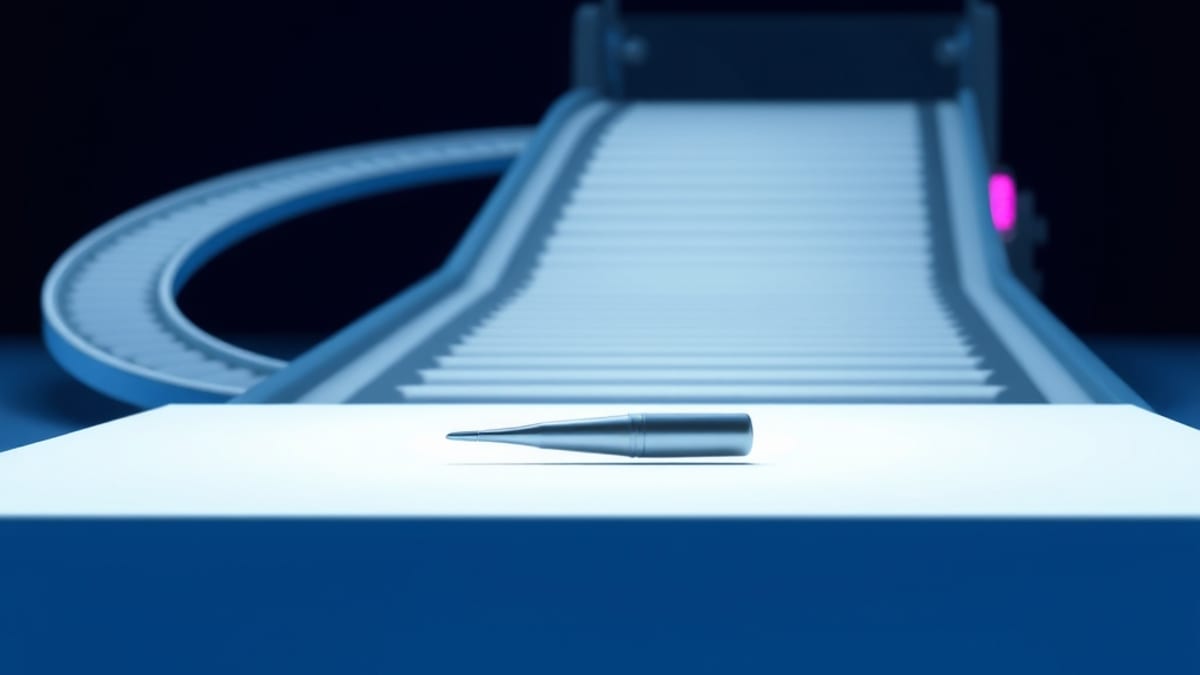 A small scalpel on a white surface next to a large idle factory conveyor belt, lit in cool blue.