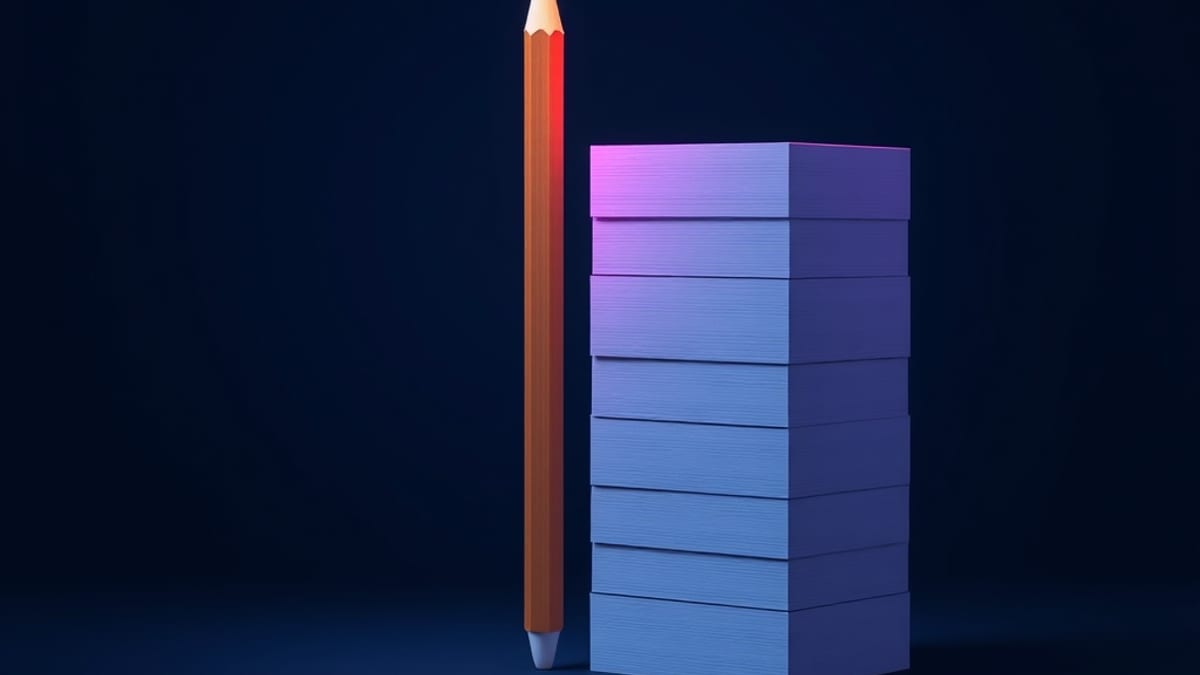 An upright pencil lit by a small lens, next to a tall shadowed stack of blank cards.
