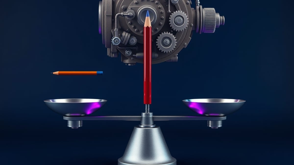 An oversized complex machine on one side of a balance scale, balanced by a single small pencil on the other side.
