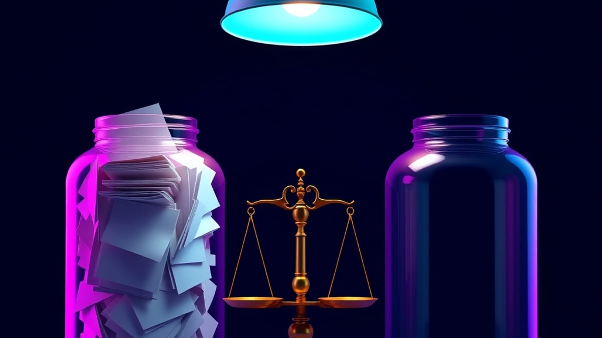 Two glass jars of paper sheets, one overflowing and one nearly empty, with a small brass scale tipping between them under a w