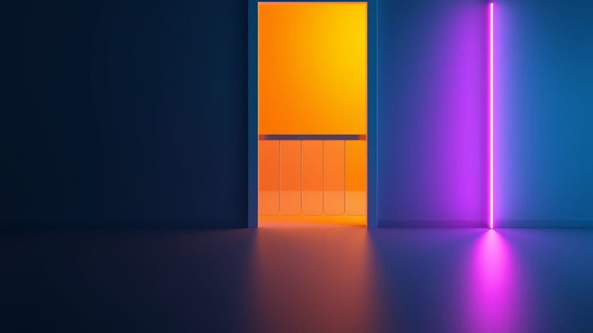 An open doorway of warm light in a plain wall, with a closed frosted-glass turnstile arm standing beside it.