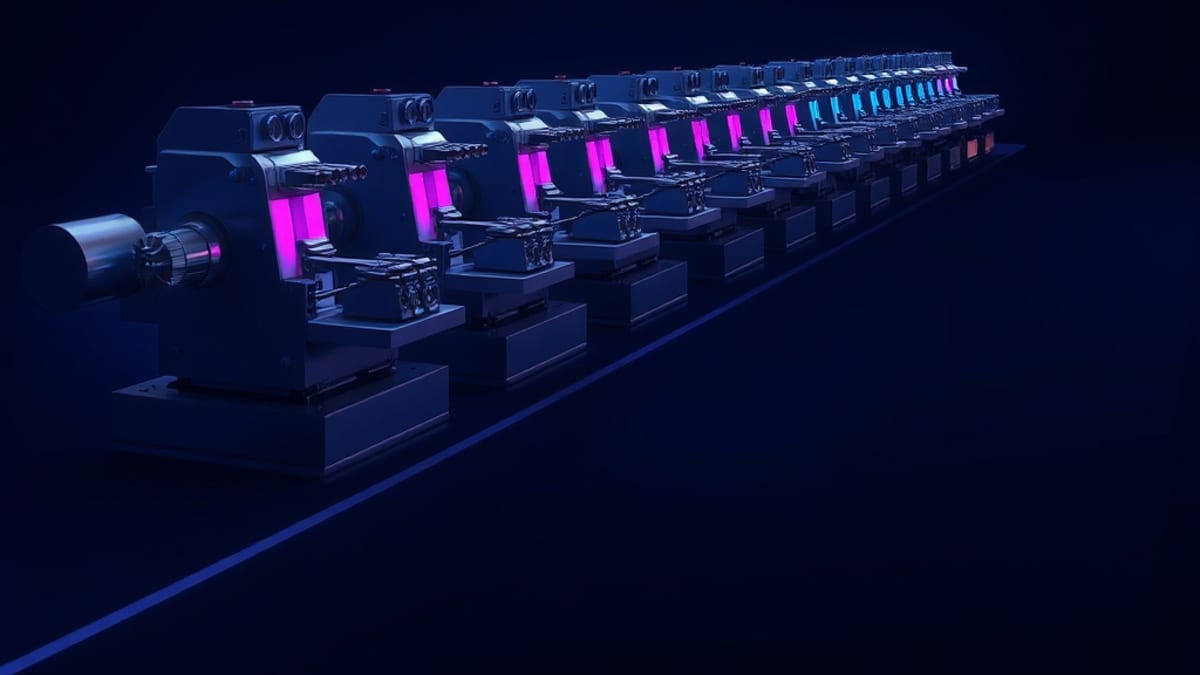 A lit finishing station on an assembly line while the earlier shaping machines stand dark and unused.