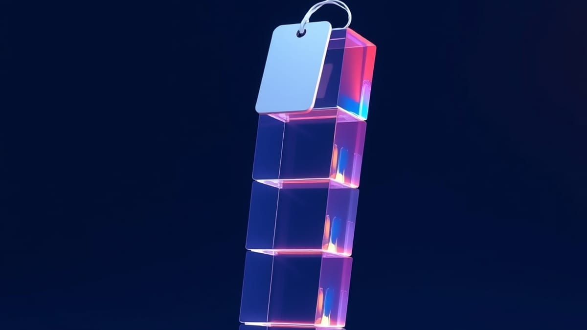 A small price tag sits atop a much taller stack of glowing translucent glass blocks, showing hidden weight behind a low price