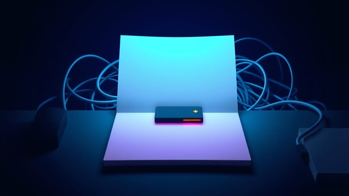 A blank sheet of paper on a desk with one small glowing key on it, tangled cables fading into shadow behind.