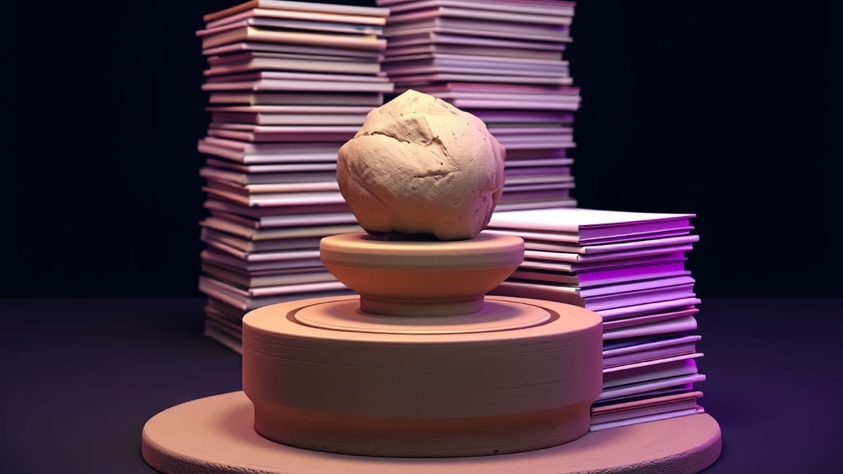 A lump of clay on a spinning potter's wheel taking shape, with a stack of unopened manuals in shadow behind it.