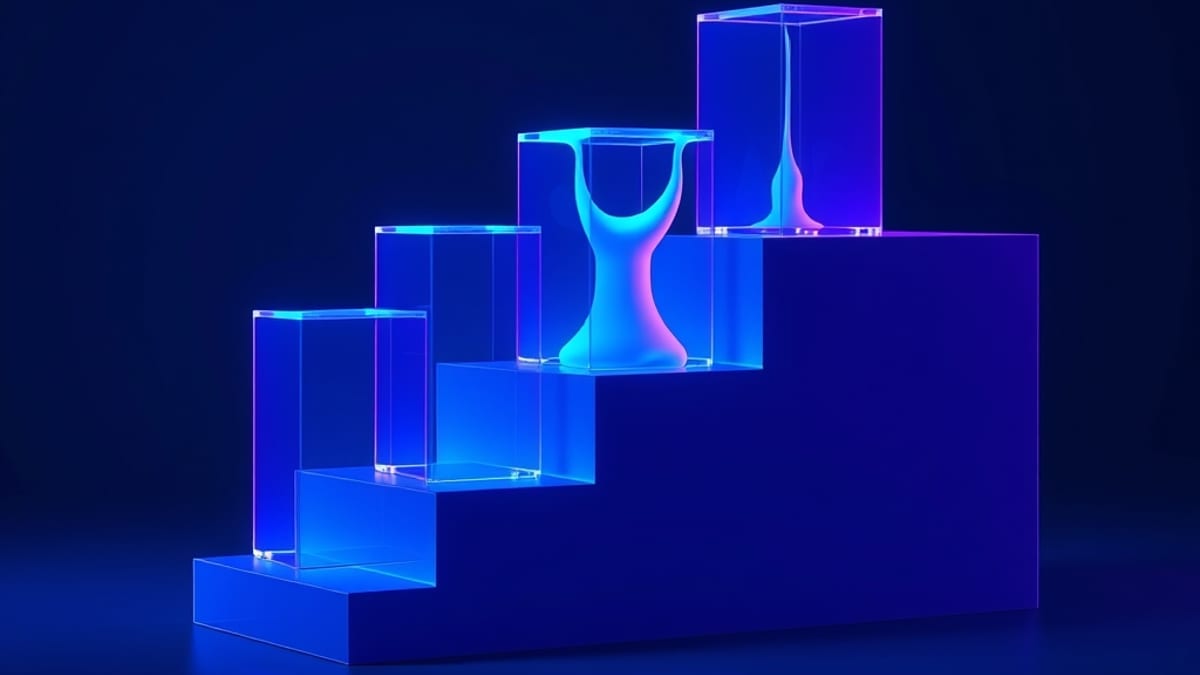 Four glass steps filling one by one with glowing liquid, the last step a solid finished slab.