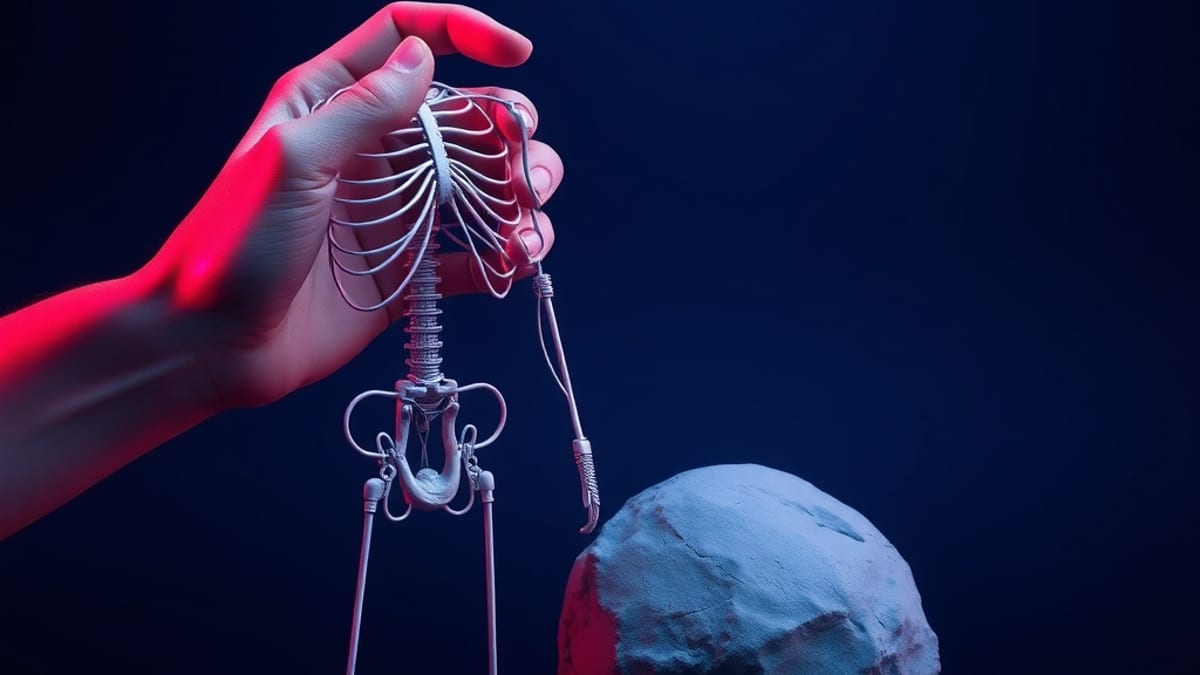 A wire armature being covered with clay by a hand, while a shapeless clay lump sits discarded in shadow behind it.