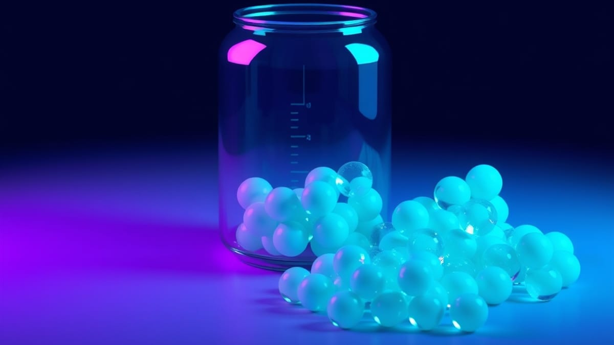 A glass jar filled with glowing marbles up to a marked line, with extra marbles piled beside it that no longer fit.