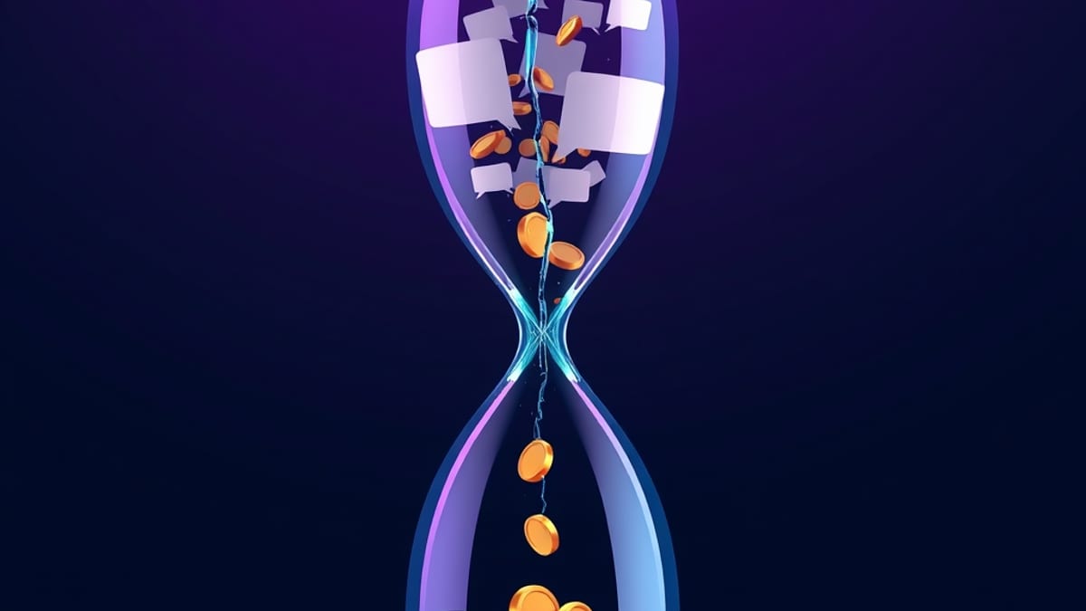 An hourglass whose top holds blank speech bubbles and whose bottom holds gold coins, with coins spilling through a crack in t