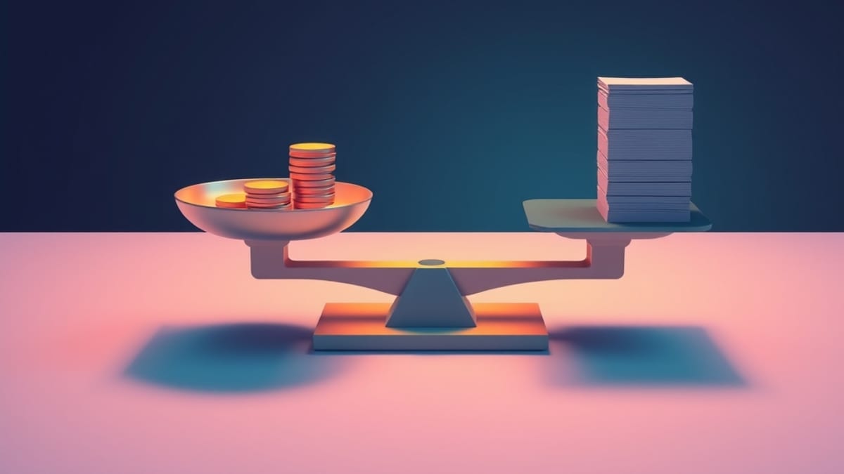A balance scale with a small stack of coins on one pan and a tall column of paper sheets on the other.