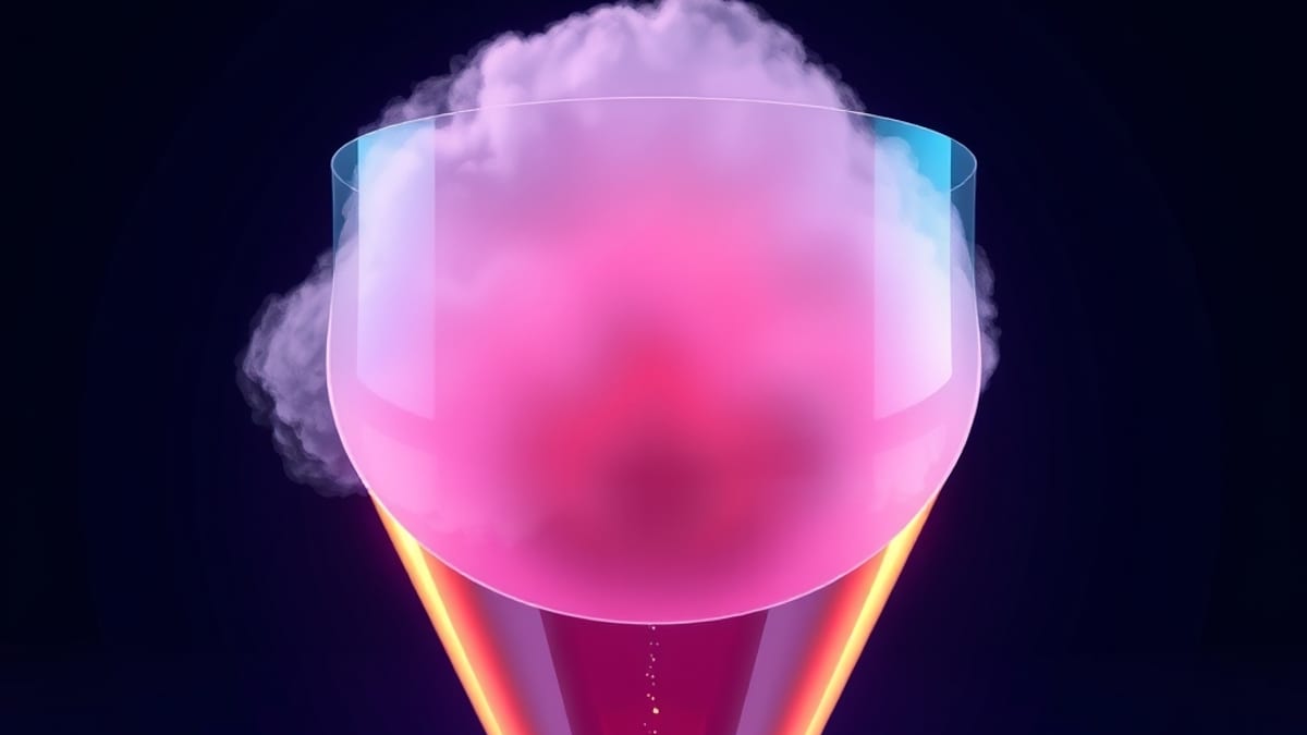A frosted glass funnel narrowing a wide cloud of fog into one bright thin thread, with small shapes filtered out along its wa