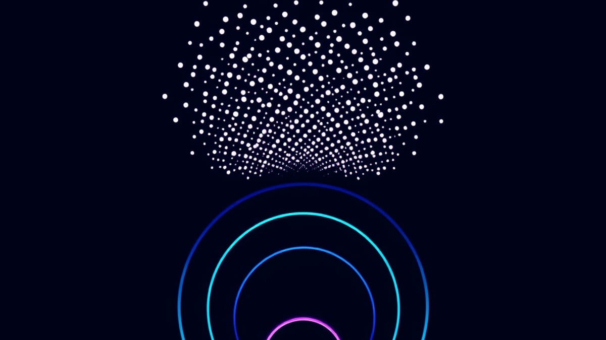 Scattered pale dots funnel through progressively smaller concentric rings, narrowing into one bright sphere below.