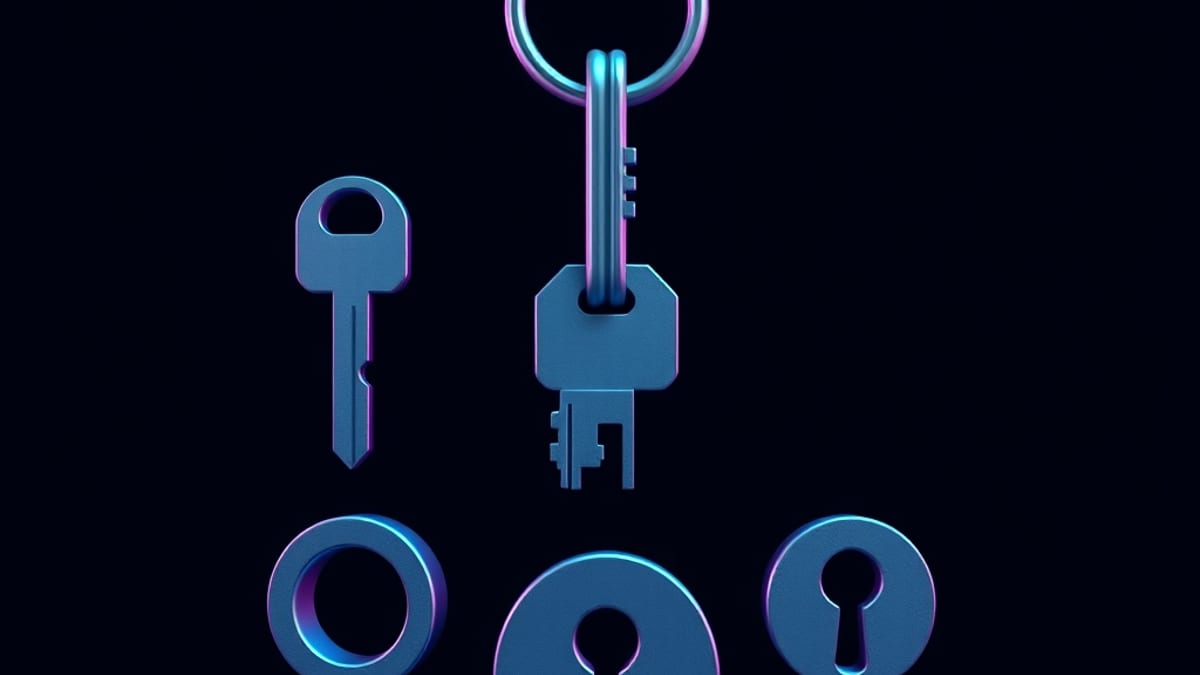 Three differently shaped keys floating above three mismatched keyholes, only one key aligned with its matching hole.