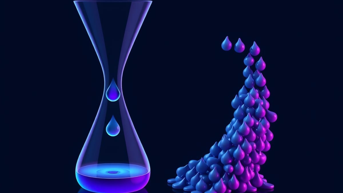 A fixed glass funnel catching one clean ink drop beside a crowded spiral of drops overflowing the same funnel, spilling the e