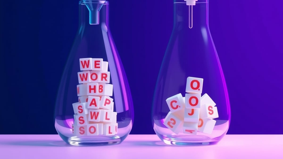 Two glass vessels side by side, one filled with many tiny tiles fed by a funnel, the other with one glowing sphere and a leve