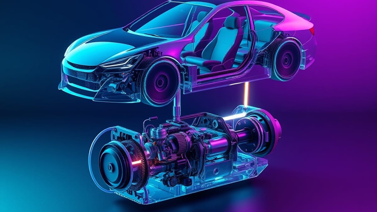 A clear glass car body sits above a detailed, glowing engine block, joined by a thin bright line.
