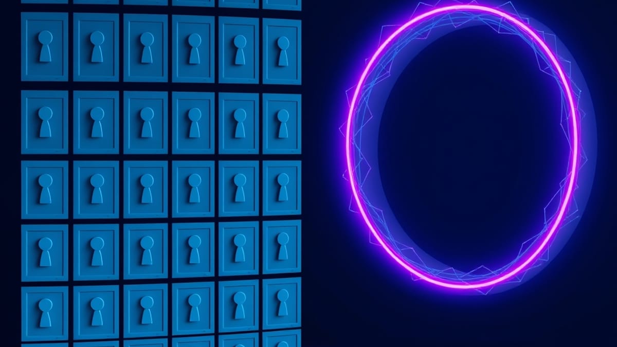 A wall of identical locked doors on one side dissolving into a glowing branching ribbon of light on the other.