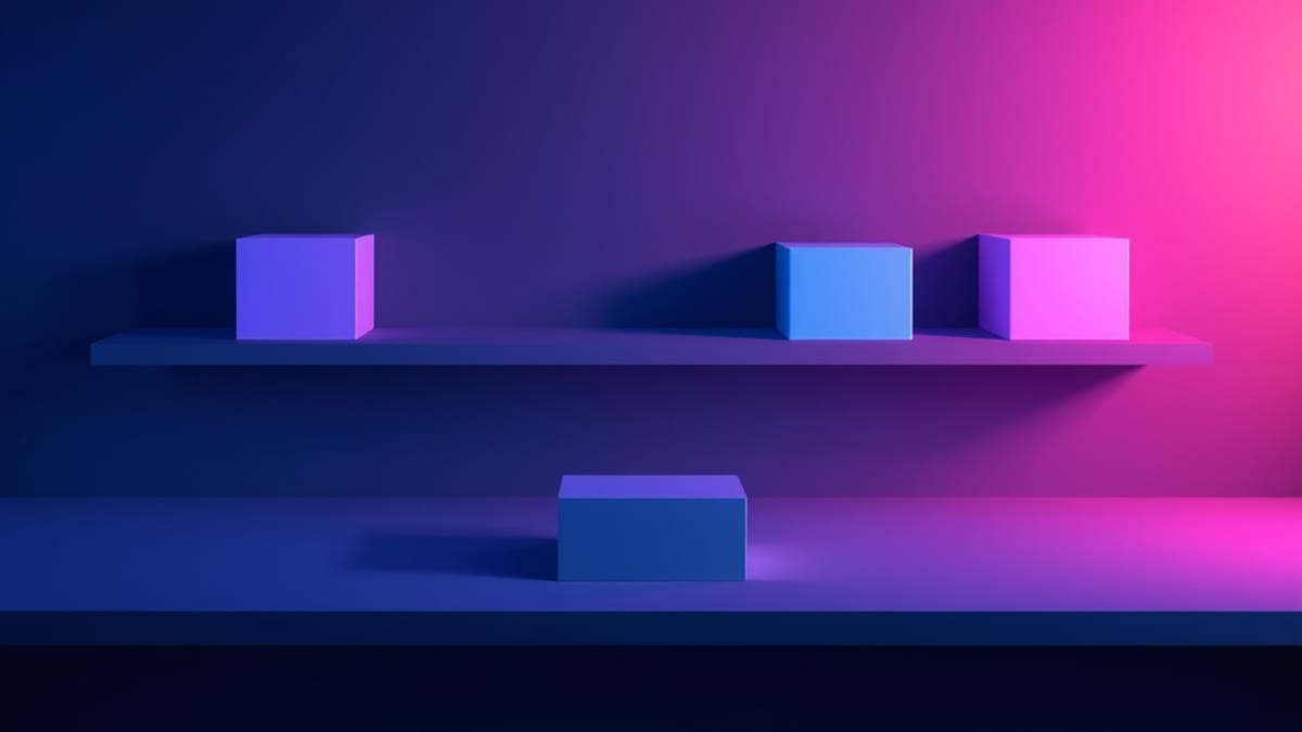 A row of identical blank blocks on a shelf, one pushed forward on a small plinth with a longer shadow.
