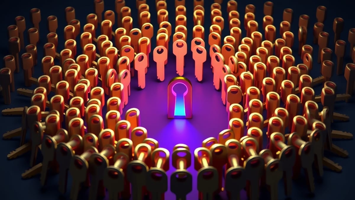 One polished brass key before a wall of many differently shaped keyholes, with a large ring of identical keys nearby.