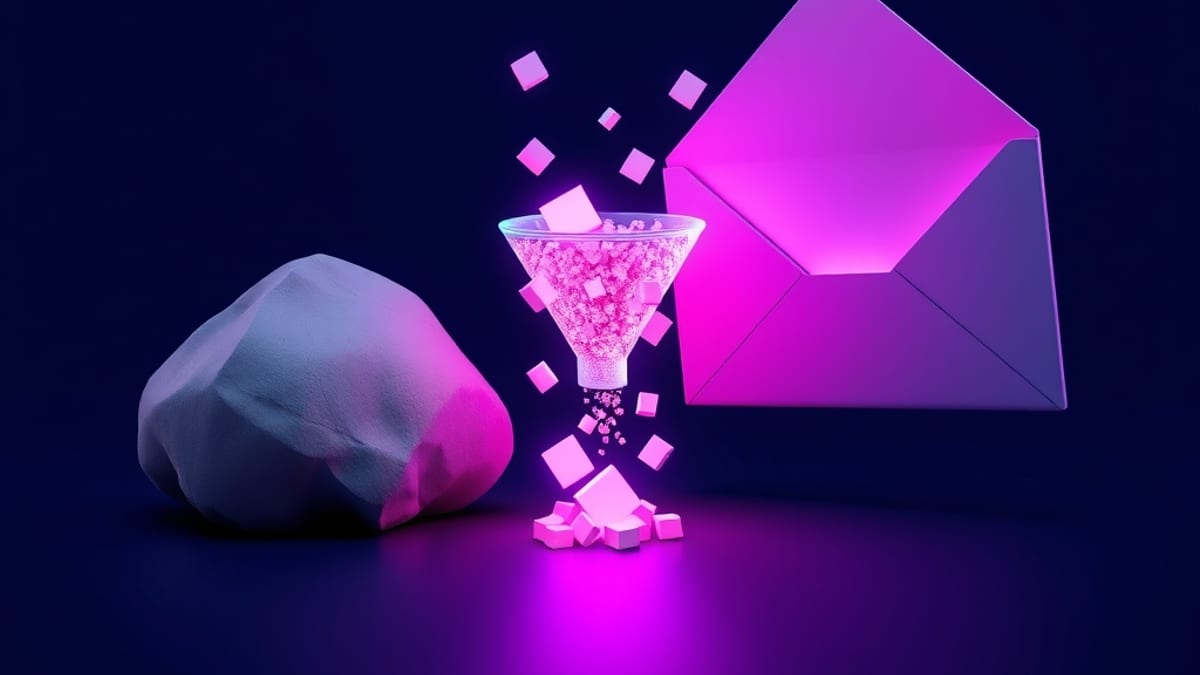 A rough clay lump passing through a glowing funnel into a crisp finished envelope, with small blocks feeding the funnel.