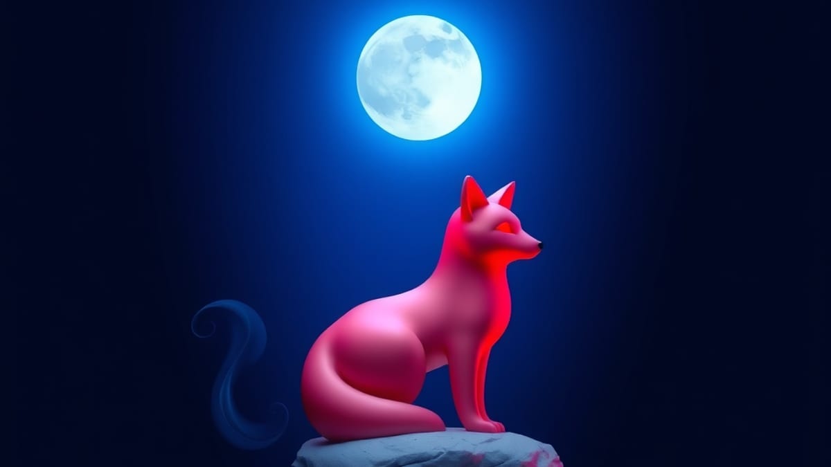 A grey clay lump on a pedestal, half dissolved into a glowing red fox shape under soft blue light.