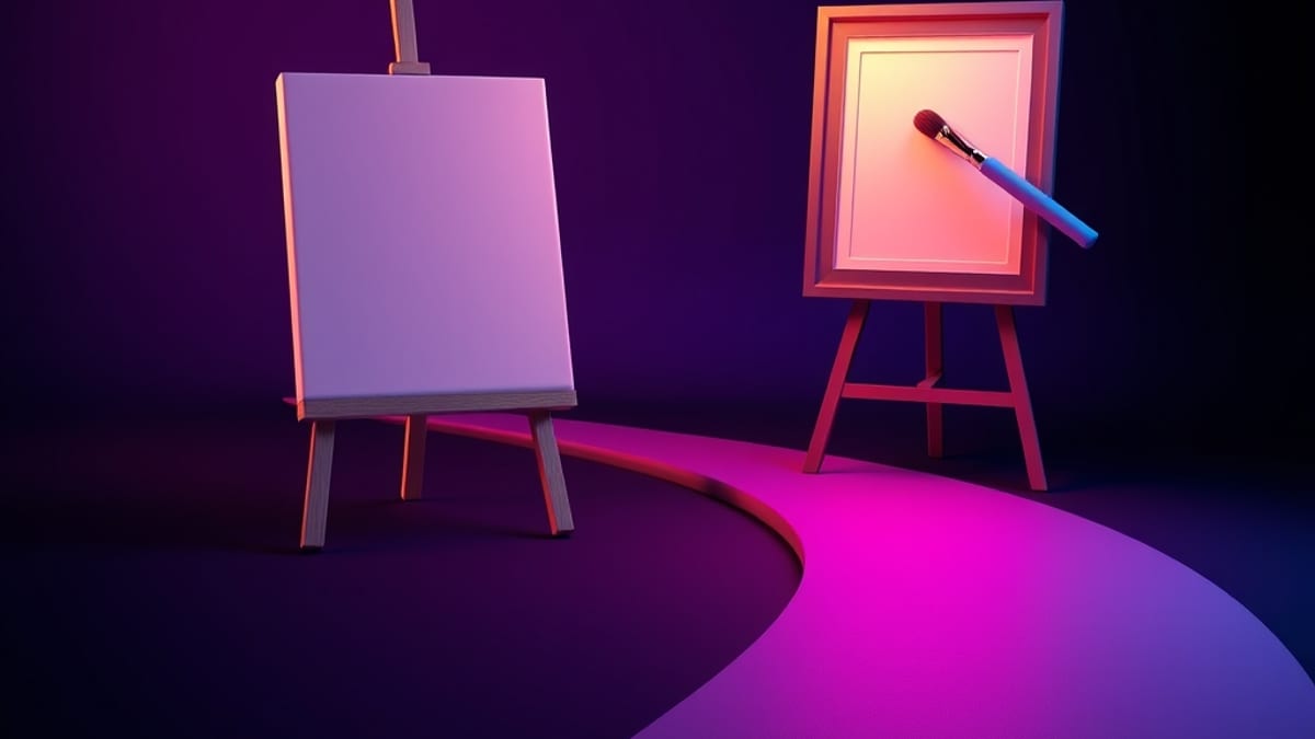 A clay road splitting in two, one path ending at a blank glowing canvas, the other at a framed photo being retouched with a b