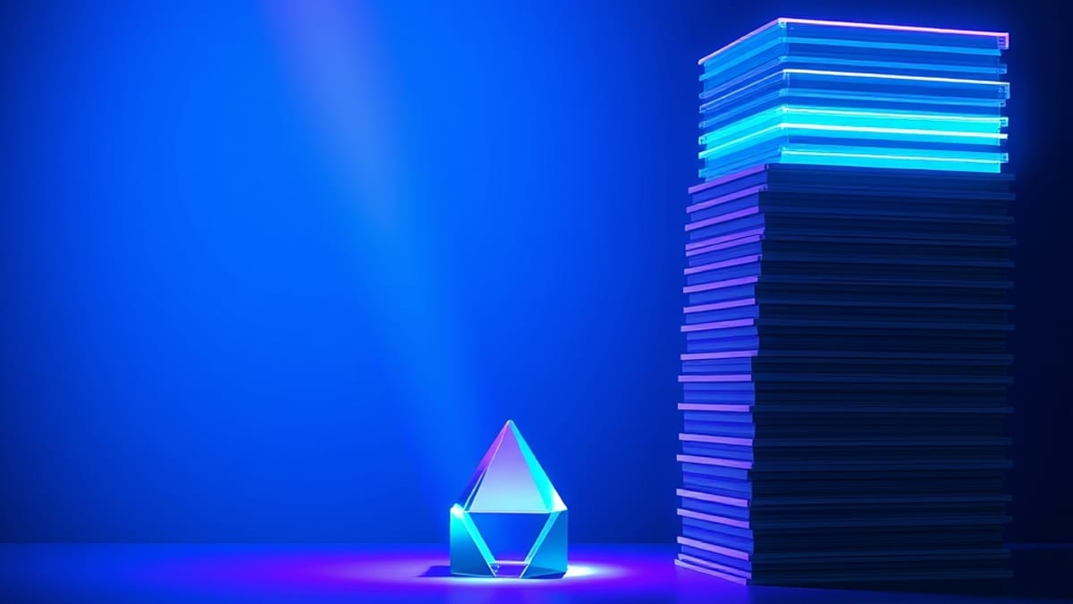 One glass prism turns a single beam of light into a full glowing human silhouette, while a tall stack of unused photo frames 