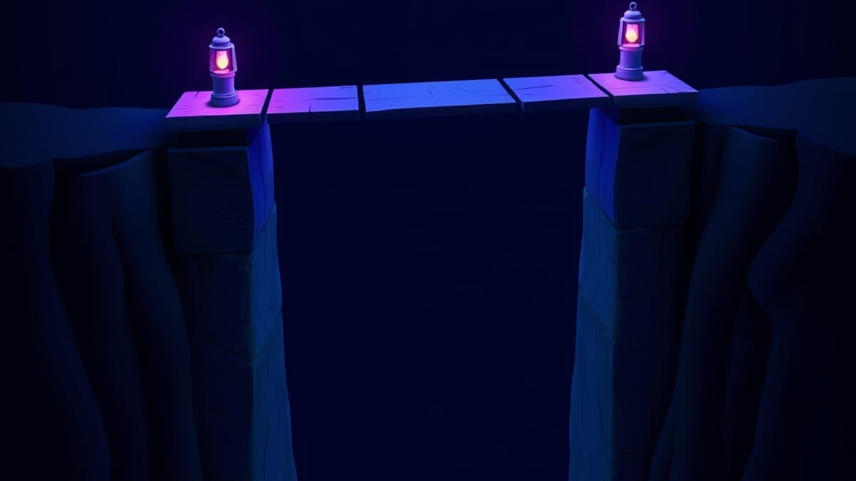 A plank bridge made of four separate stone slabs on individual pillars spanning a misty chasm, each pillar lit by a lantern.