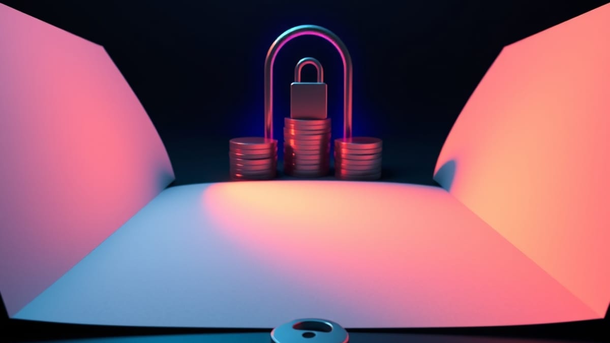 A small key sits on a blank open page, its shadow stretching toward a distant door built from stacked coins.