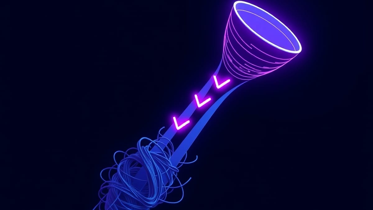 A tangled mass of scribbles passes through a funnel and comes out as five short clean strips, each with a small checkmark abo