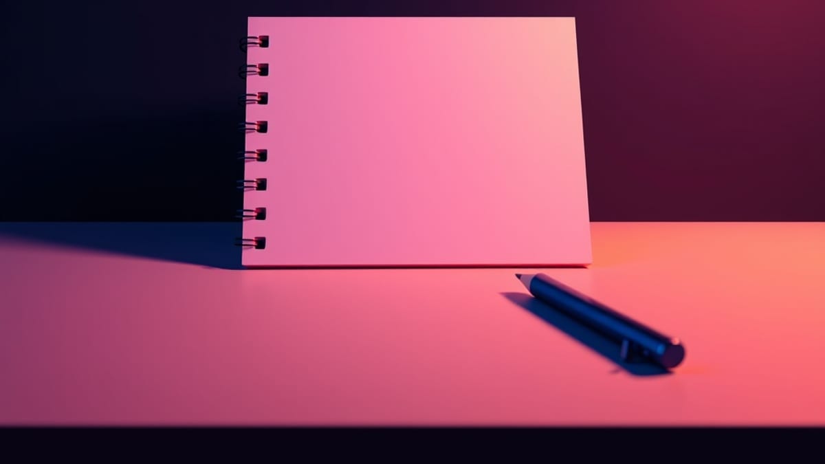 A rough handwritten notepad page next to one glowing text cursor on a plain desk, with empty paper stretching behind.