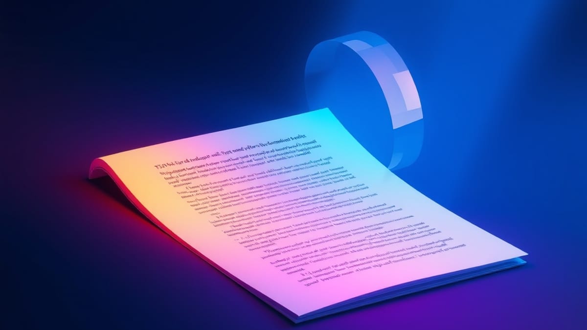 One sheet of paper under a glass lens that splits light into warm and cool beams, showing the same lines in two tones.