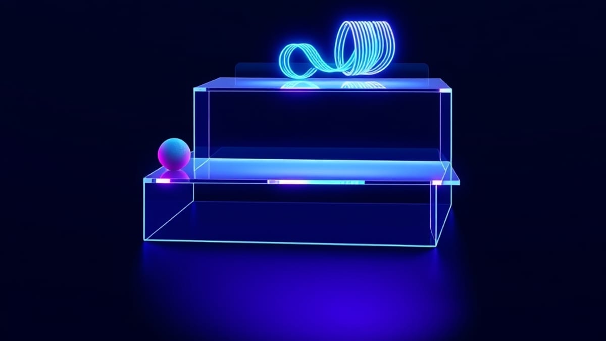 Three glowing glass steps of increasing thickness and brightness rise upward, with a dim small orb at the bottom and a bright