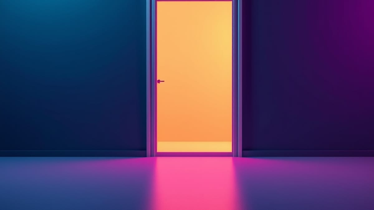 A lone open doorway glowing with warm light in an empty room, casting a soft path across a bare floor.