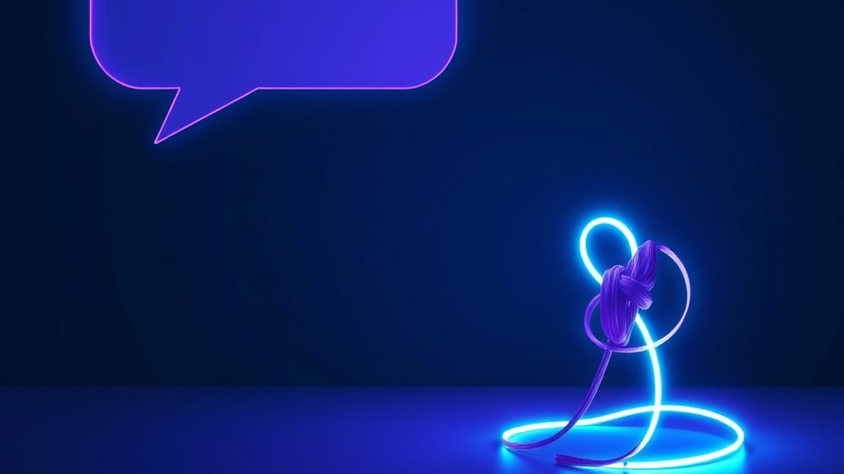 A glowing ribbon of light flows from a simple speech bubble and unfurls into a framed picture, while a dim tangle of scribble