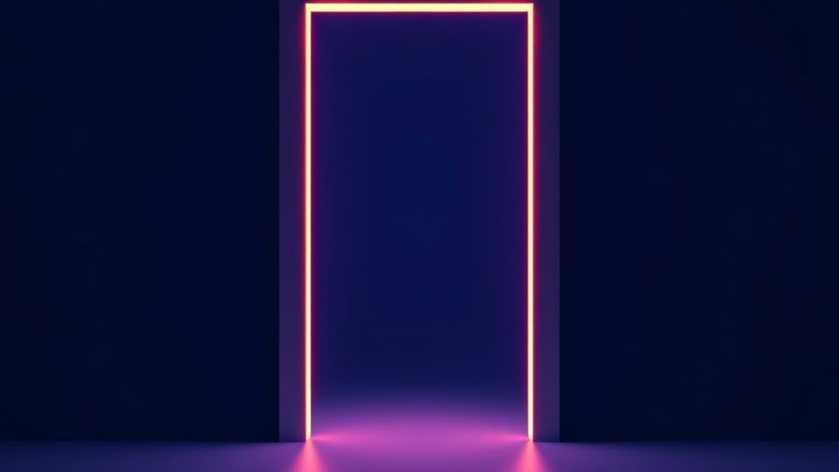 A lone doorway in soft light with one glowing frame inside and four faint thumbnail shapes floating nearby.