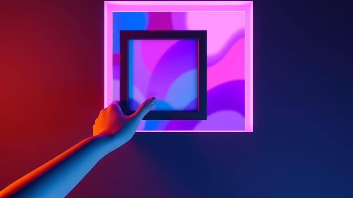 A hand-shaped clay form slides a small framed picture into a glowing grid of color swatches on a soft wall.