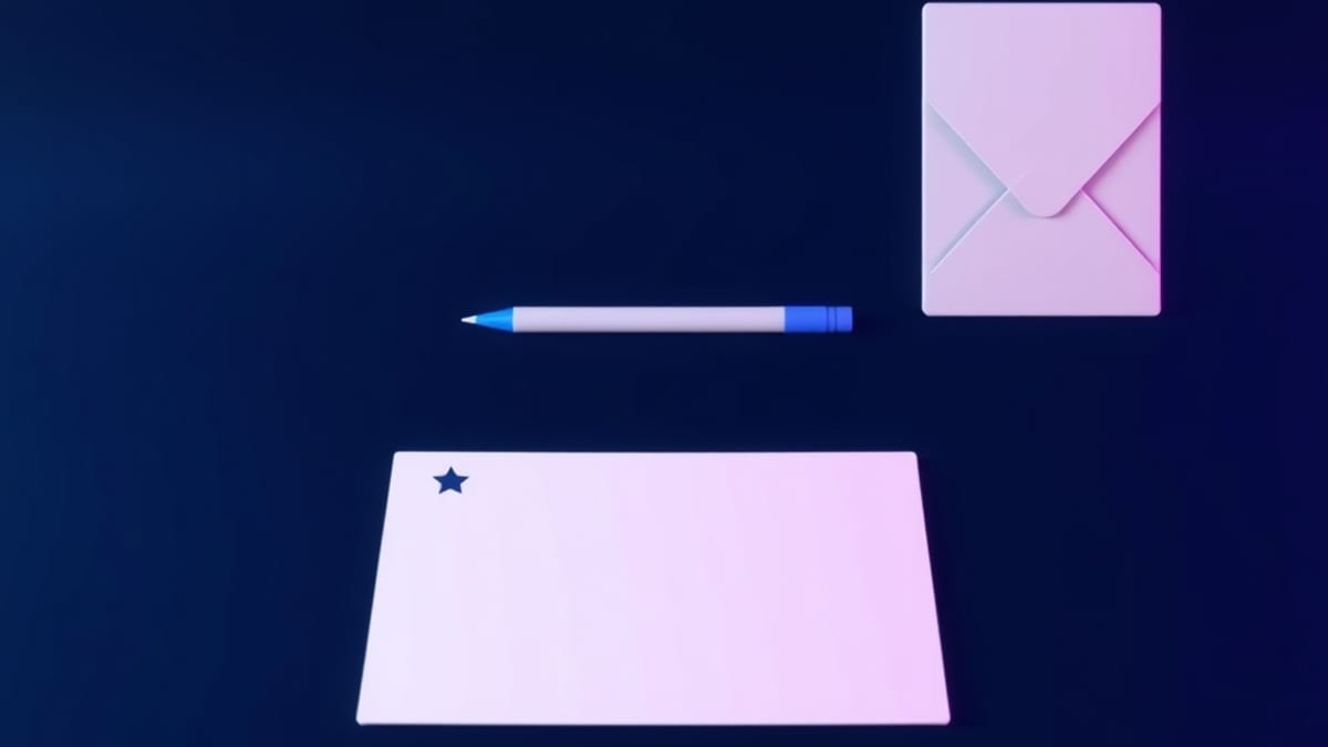 An index card beside a pencil, an open notebook, and a sealed envelope in soft daylight.