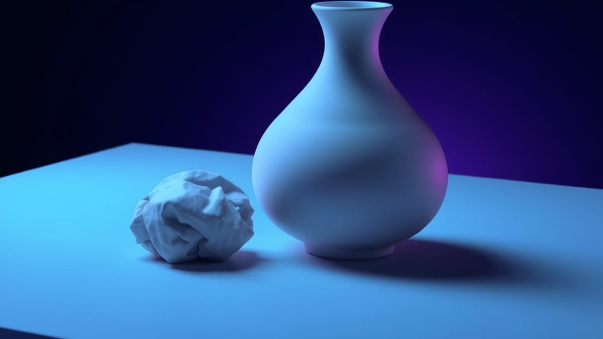 A crumpled clay ball next to a smooth finished vase on a workbench under a beam of light.