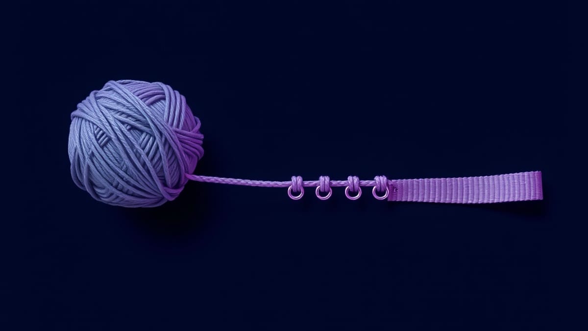 A tangled grey ball of yarn unwinding into one straight thread that passes through five small metal eyelets and becomes a nea