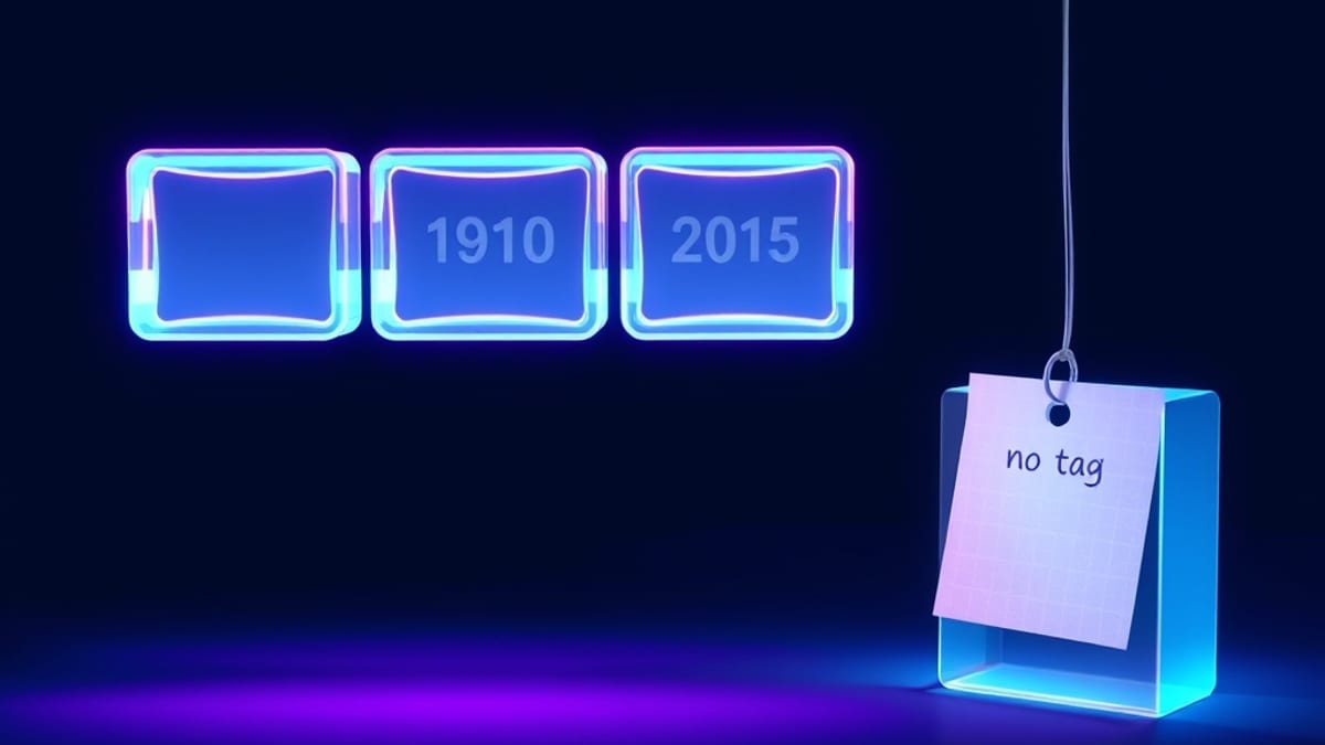 Glowing glass sentence blocks suspended above small dated paper tags on strings, one block floating untagged and dim.