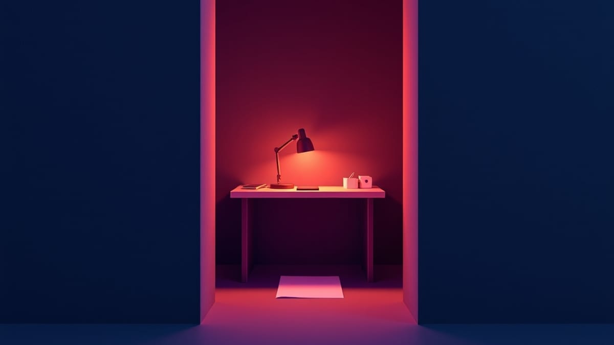 A small lit doorway in a huge blank concrete wall reveals one tidy desk with a lamp, paper and pencil.