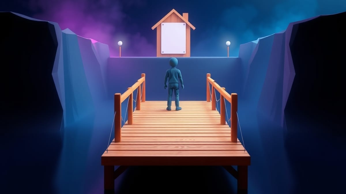 A tiny figure at the start of a narrow footbridge crossing a misty gap toward a house, a blank page and a picture frame.