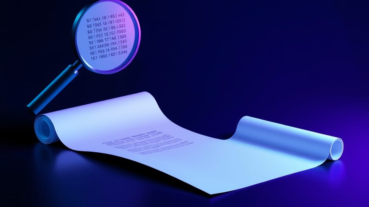An unrolled scroll on a dark desk, with a magnifying glass inspecting small marks on one side and a wide lens viewing the who