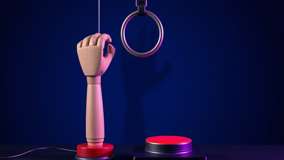 A wooden puppet arm presses a red button on a console, its strings rising to an empty ring, casting a human-shaped shadow beh