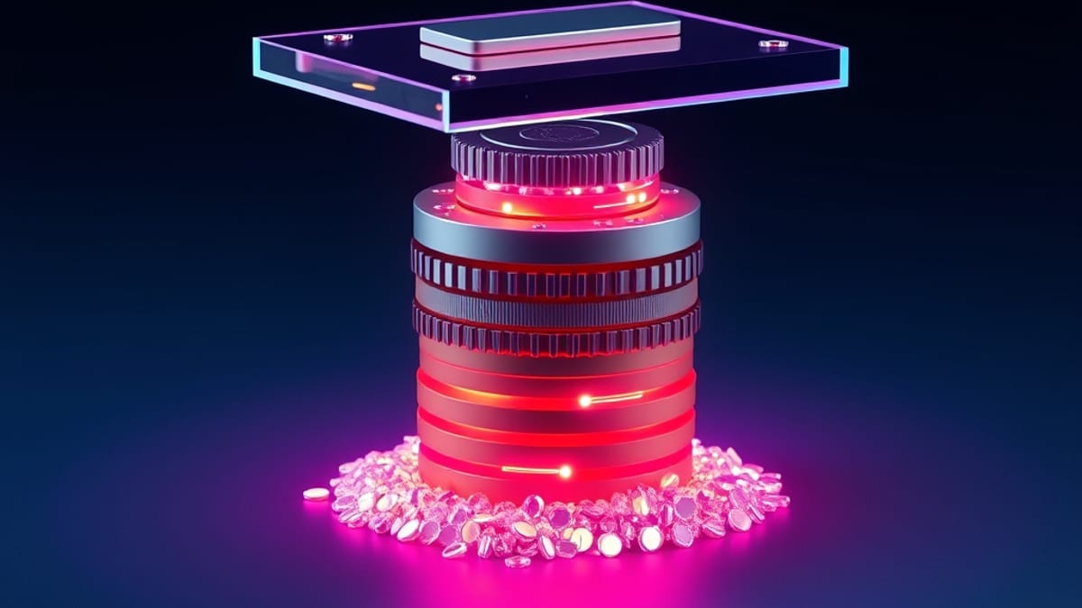 A glass desk floats above three stacked layers: swirling particles, a mechanical gear ring, and a heavy steel vault plate.