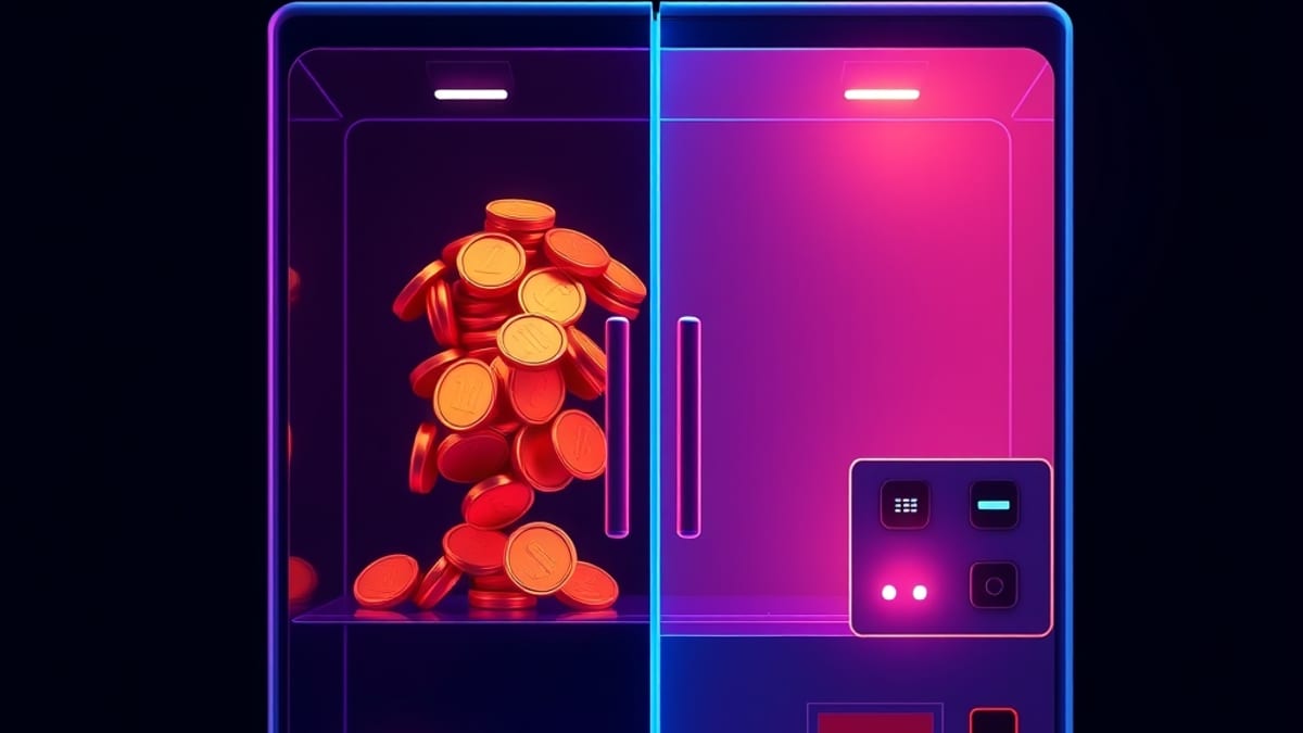 A split glass vending machine: one side takes glowing coins without returning anything, the other releases warm light only af