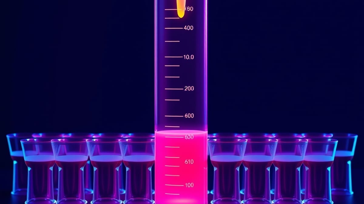 A measuring column of glowing liquid beside many small cups, with one tall funnel pouring a heavy stream above them.