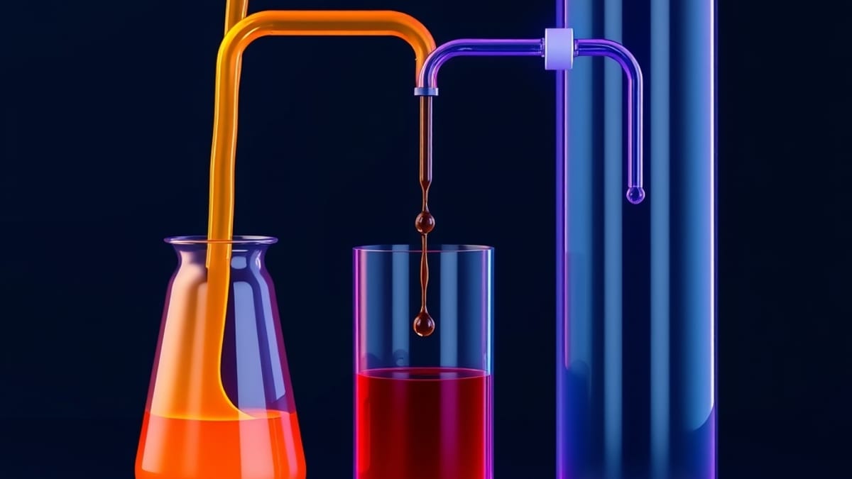 A glass reservoir feeding three pipes of different widths, pouring thick and thin streams into vessels of different sizes.