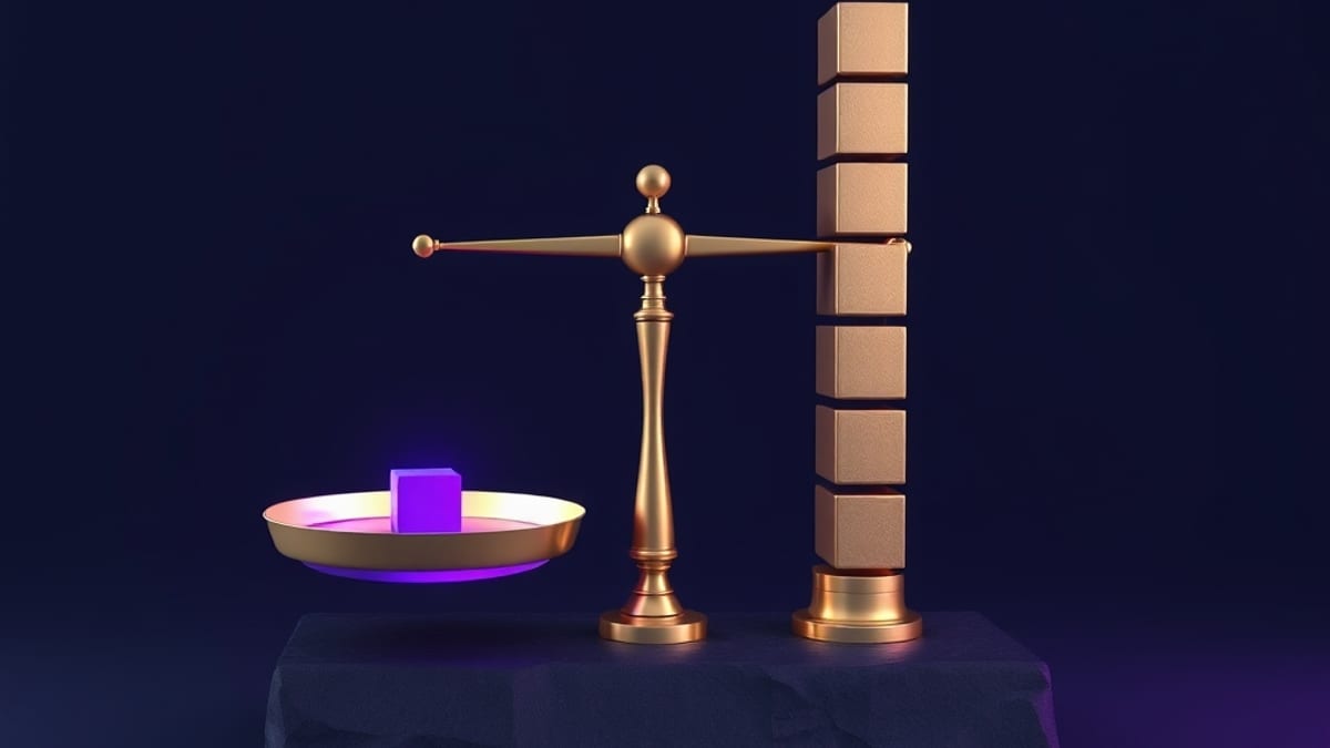 A brass balance scale with one small glowing cube outweighing a towering stack of identical cubes on the opposite pan.